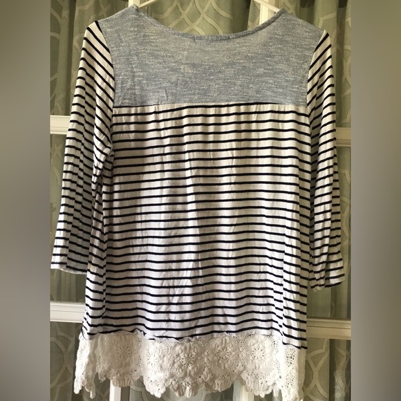 Potter’s Pot size L long sleeve shirt in light heather blue & navy white stripe - Picture 3 of 5